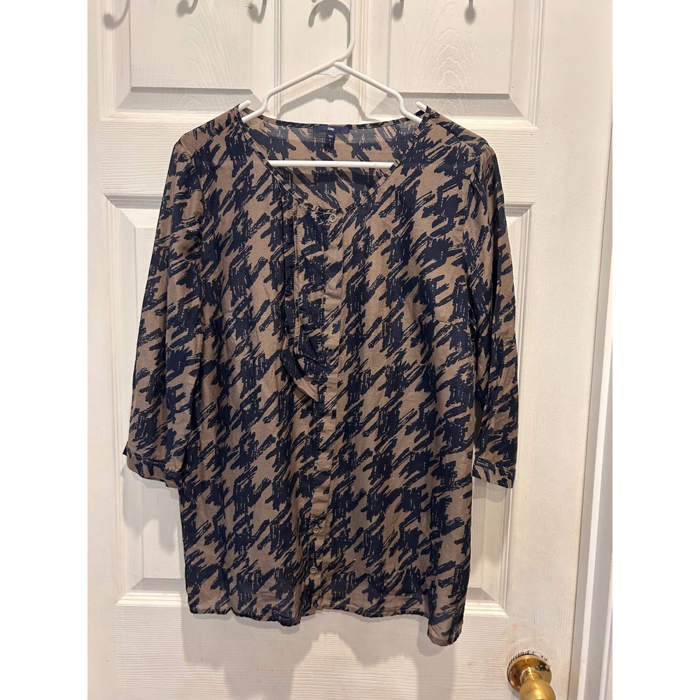 Gap Womens Large Silk Blend Abstract Houndstooth Ruffle V-Neck 3/4 Sleeve Blouse